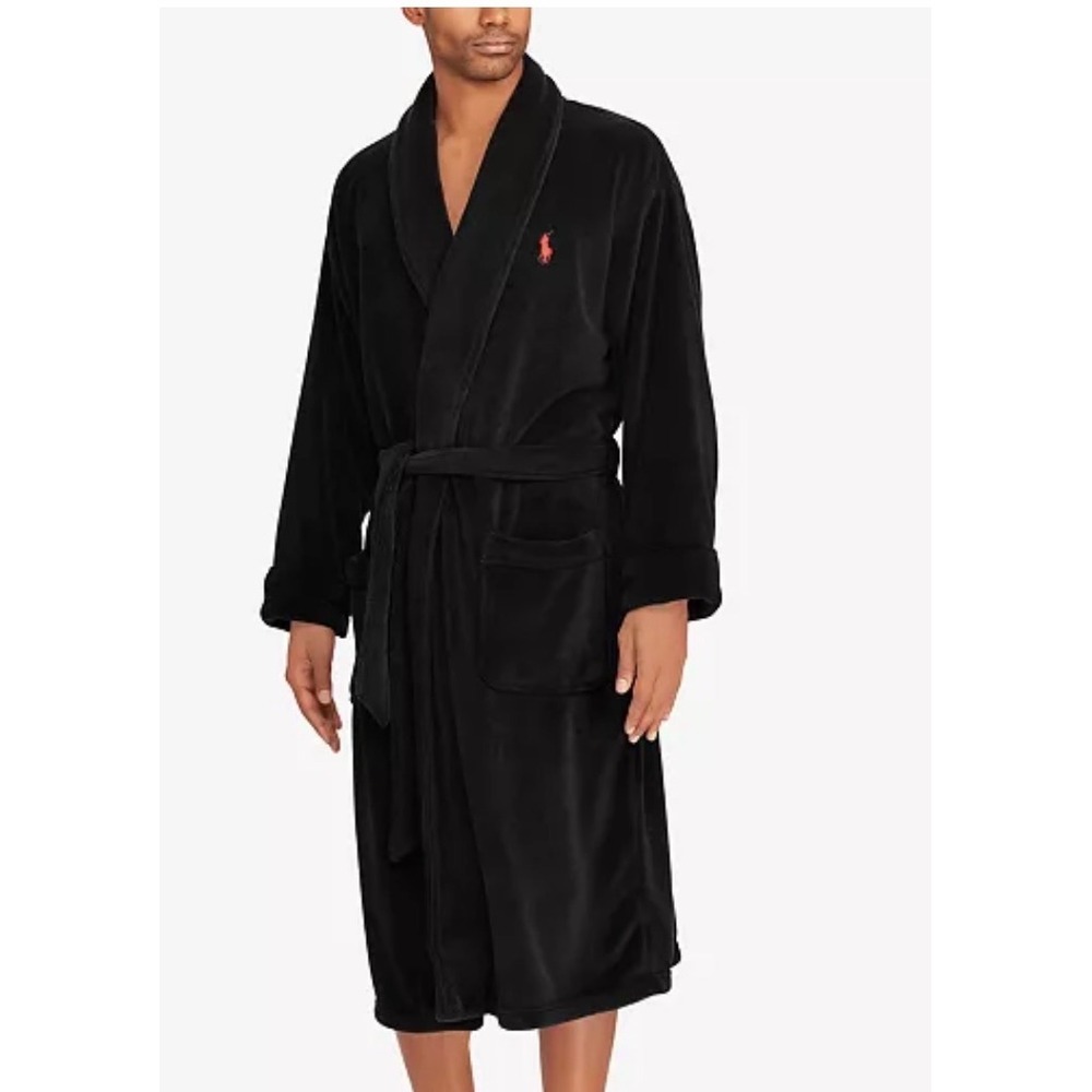Polo Ralph Lauren Mens Black Microfleece Robe Shawl Collar Red Pony Logo S/M